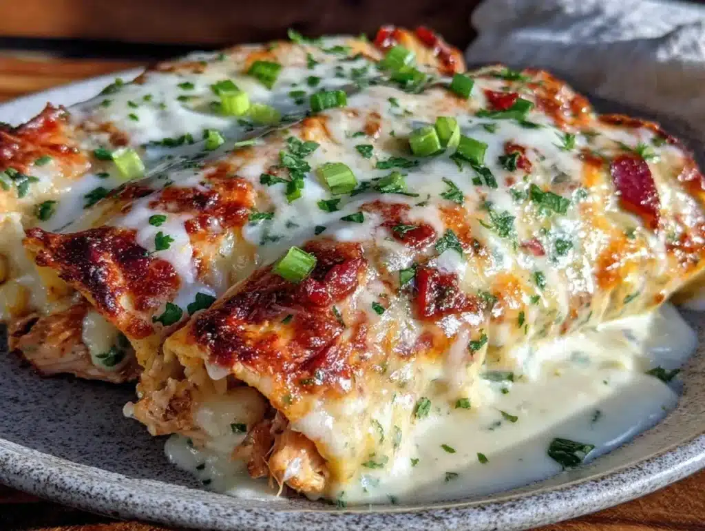 creamy hatch green chili chicken enchiladas - featured image