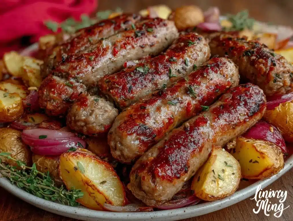 easy crispy sheet pan sausage and apple roast - featured image
