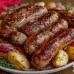 easy crispy sheet pan sausage and apple roast - featured image