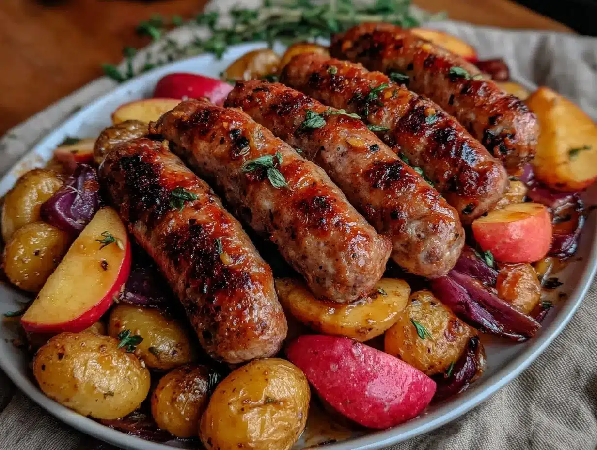 easy crispy sheet pan sausage and apple roast preparation steps