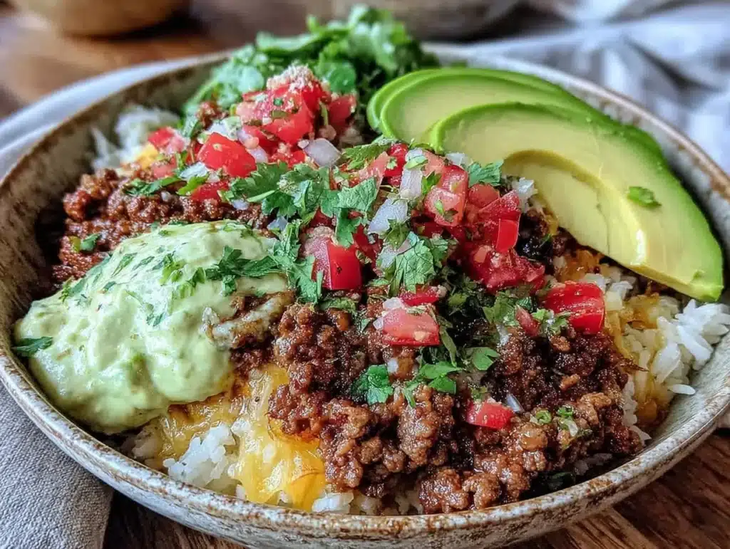 one-skillet ground beef taco rice bowl - featured image