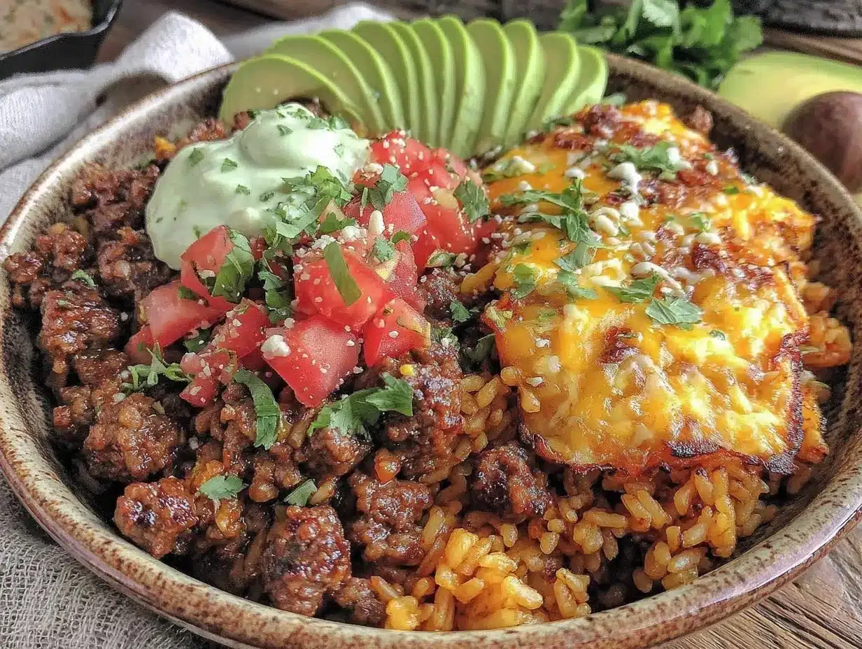 one-skillet ground beef taco rice bowl preparation steps