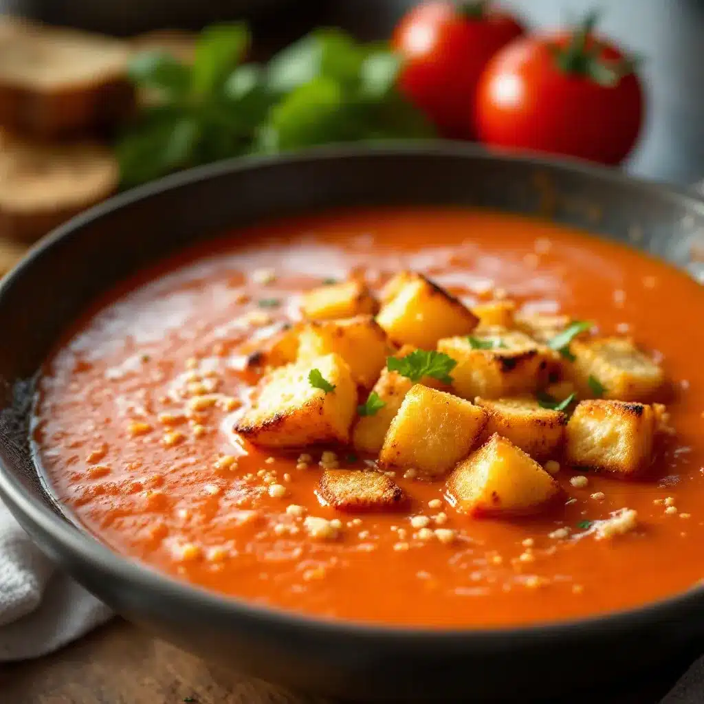 creamy tomato soup with grilled cheese croutons preparation steps