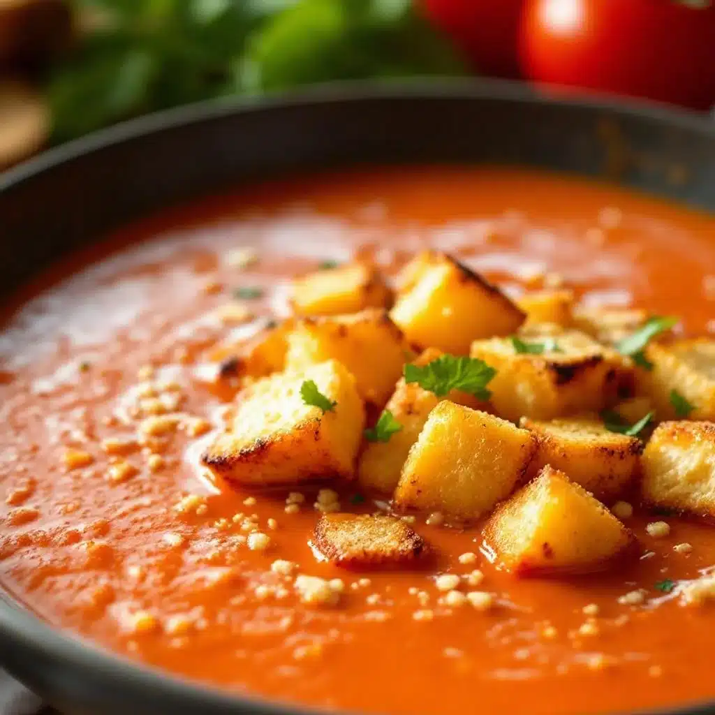 creamy tomato soup with grilled cheese croutons - featured image