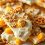 easy candy corn bark with white chocolate and pretzels - featured image