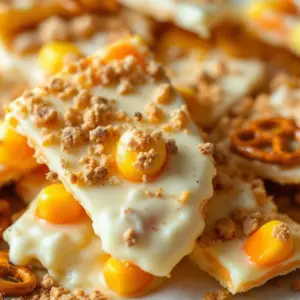easy candy corn bark with white chocolate and pretzels - featured image