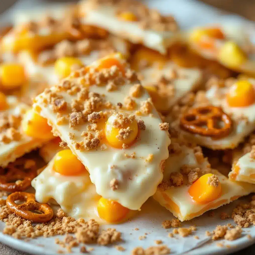 easy candy corn bark with white chocolate and pretzels preparation steps