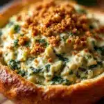 creamy baked spinach artichoke bread bowl - featured image