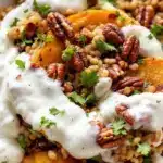 creamy maple roasted acorn squash with pecans - featured image