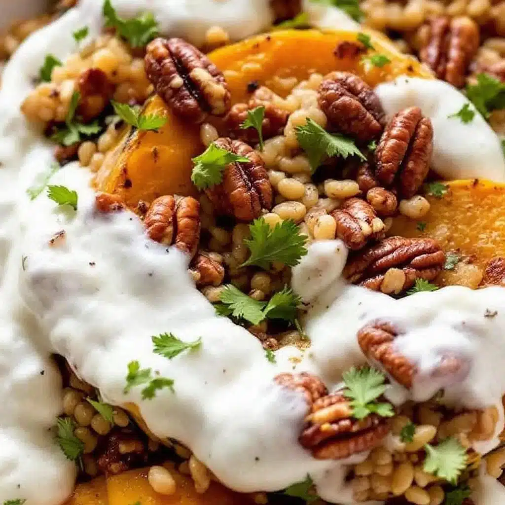 creamy maple roasted acorn squash with pecans - featured image