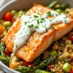 easy baked honey mustard salmon with asparagus - featured image