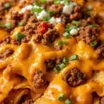 loaded nacho bar with ground beef and queso - featured image